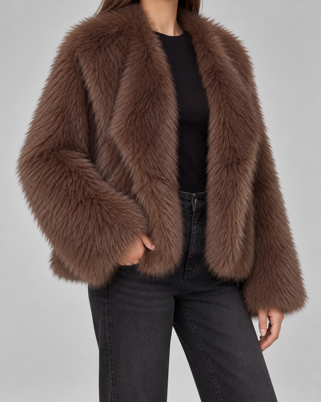 Women's Brown Faux Fur Jacket - Plush Wide Collar Cropped Relaxed Fit