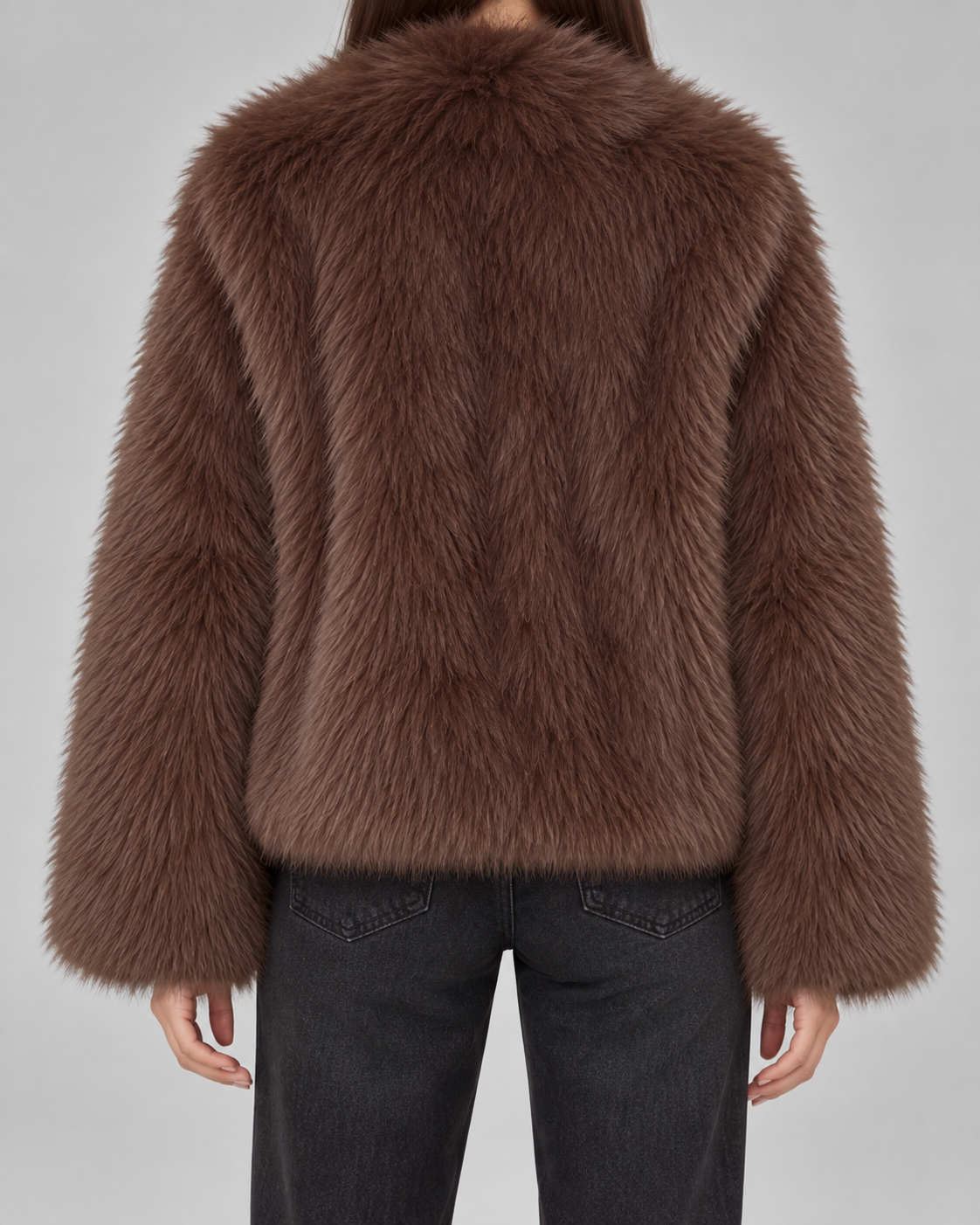 Women's Brown Faux Fur Jacket - Plush Wide Collar Cropped Relaxed Fit