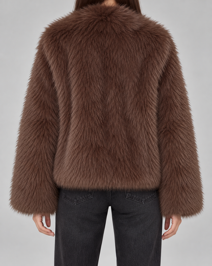 Women's Brown Faux Fur Jacket - Plush Wide Collar Cropped Relaxed Fit