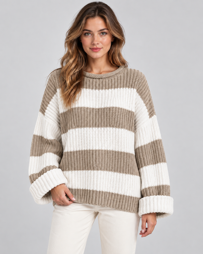 Women's Chunky Knit Striped Sweater – Oversized Crew Neck Pullover
