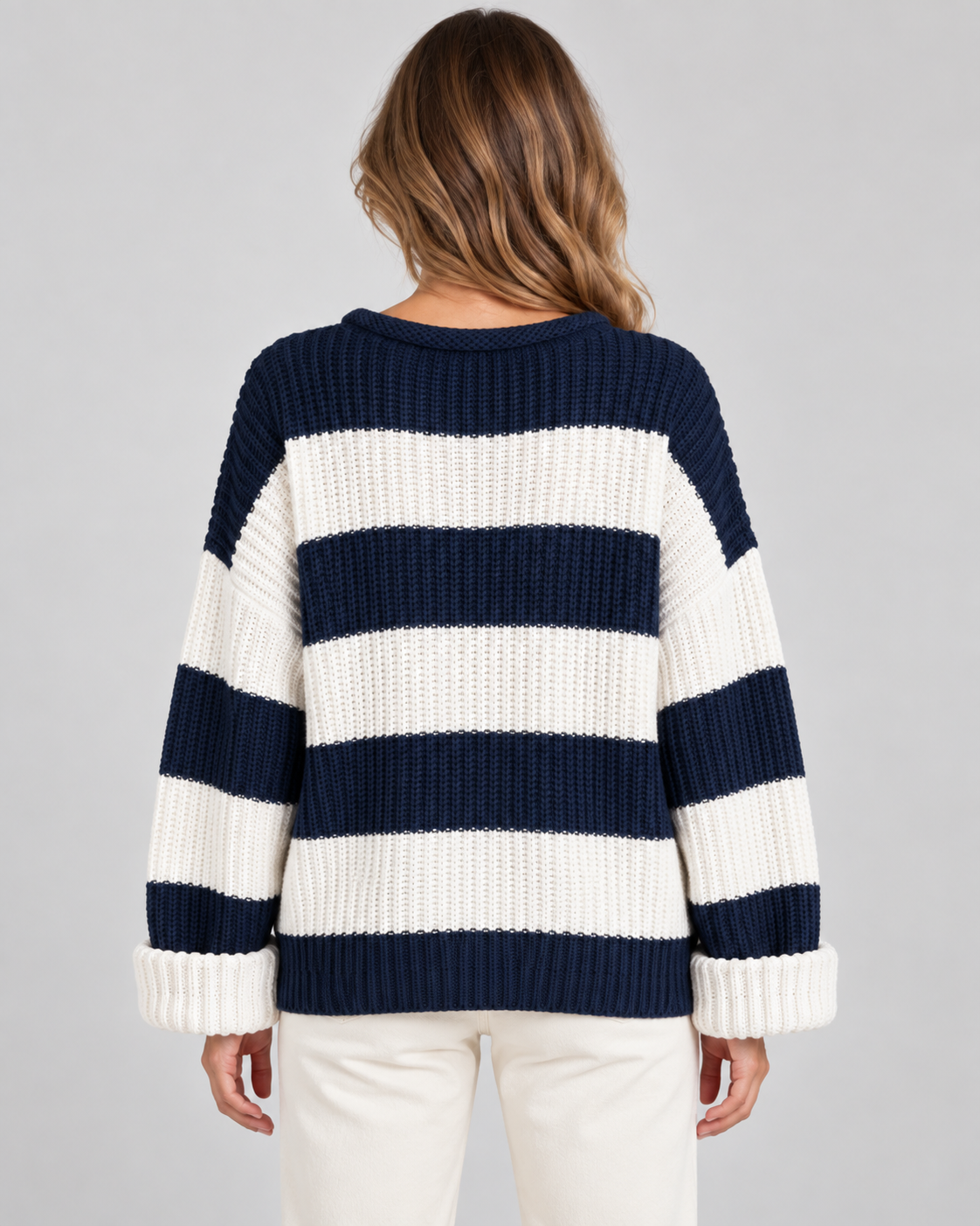 Women's Chunky Knit Striped Sweater – Oversized Crew Neck Pullover