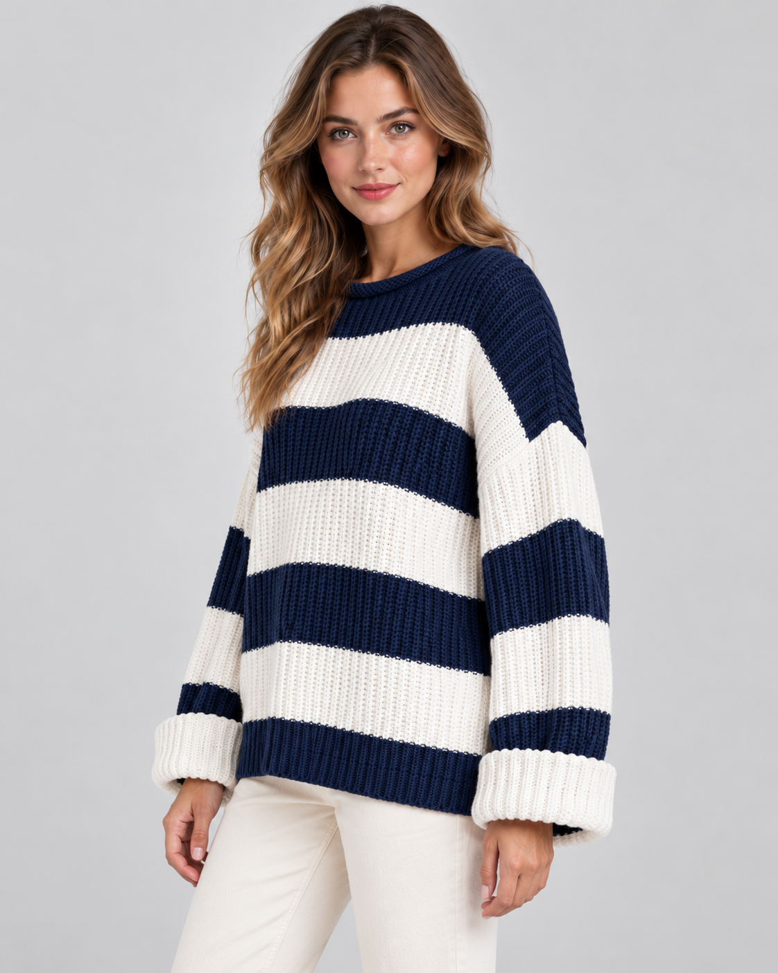 Women's Chunky Knit Striped Sweater – Oversized Crew Neck Pullover