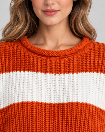 Women's Chunky Knit Striped Sweater – Oversized Crew Neck Pullover