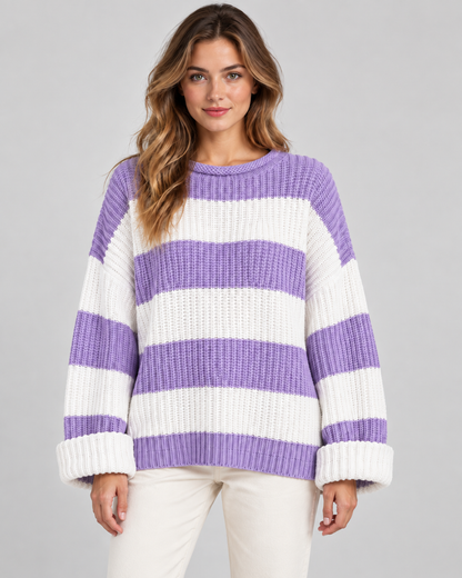 Women's Chunky Knit Striped Sweater – Oversized Crew Neck Pullover