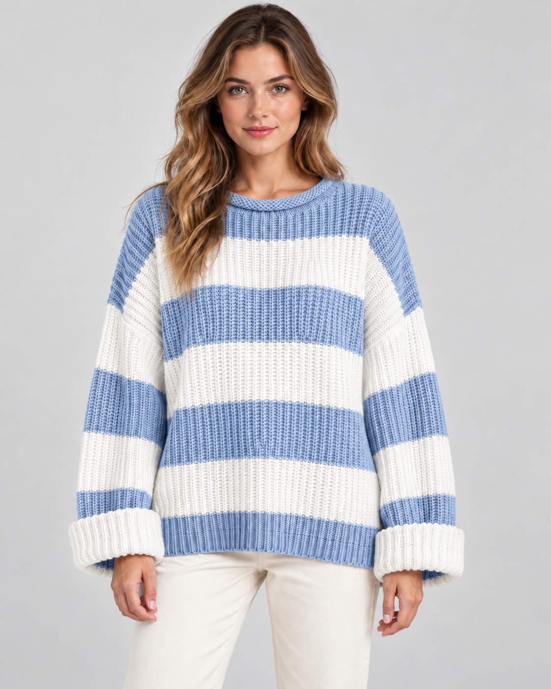 Women's Chunky Knit Striped Sweater – Oversized Crew Neck Pullover
