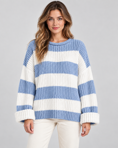 Women's Chunky Knit Striped Sweater – Oversized Crew Neck Pullover