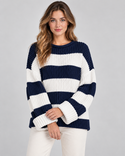 Women's Chunky Knit Striped Sweater – Oversized Crew Neck Pullover