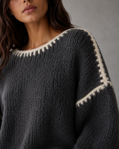 Women's Chunky Knit Sweater - Contrast Stitch Oversized Fit