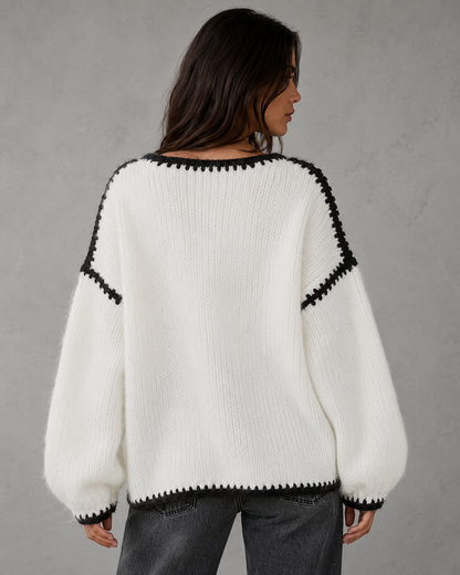 Women's Chunky Knit Sweater - Contrast Stitch Oversized Fit