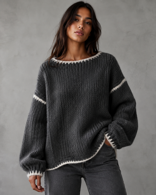 Women's Chunky Knit Sweater - Contrast Stitch Oversized Fit