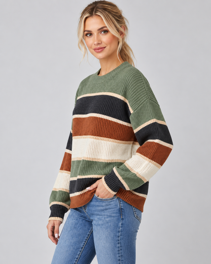 Women's Color Block Knitted Sweater – Crew Neck Relaxed Fit