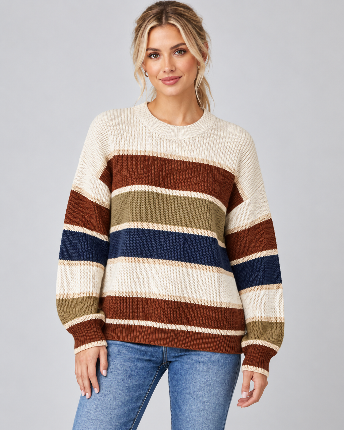 Women's Color Block Knitted Sweater – Crew Neck Relaxed Fit