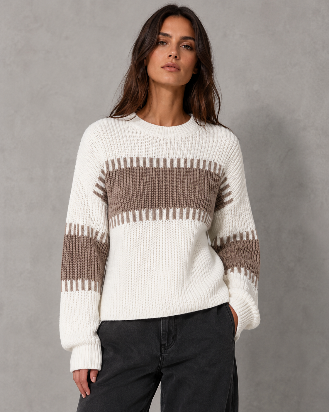 Women's Colour Block Knit Sweater - Crew Neck Long Sleeve Relaxed Fit