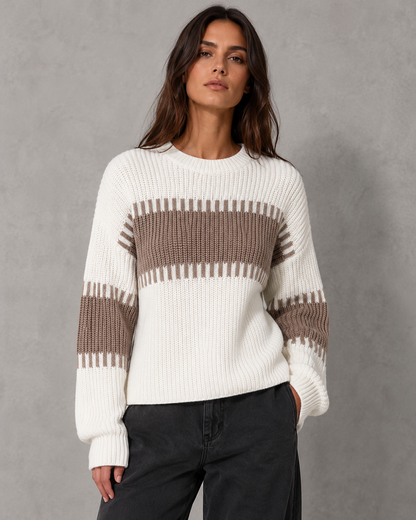 Women's Colour Block Knit Sweater - Crew Neck Long Sleeve Relaxed Fit
