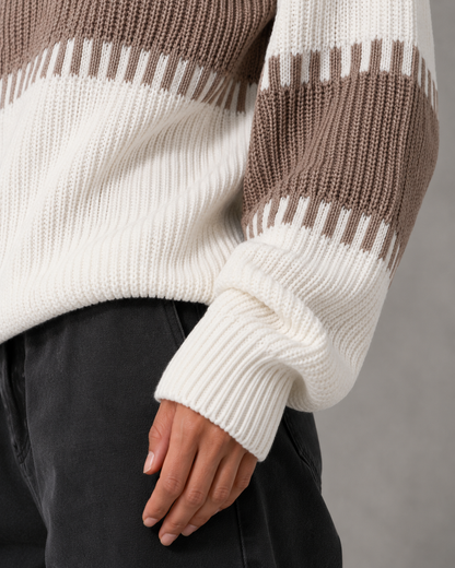 Women's Colour Block Knit Sweater - Crew Neck Long Sleeve Relaxed Fit