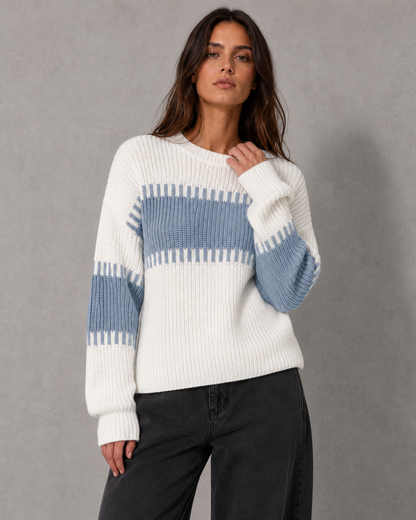 Women's Colour Block Knit Sweater - Crew Neck Long Sleeve Relaxed Fit