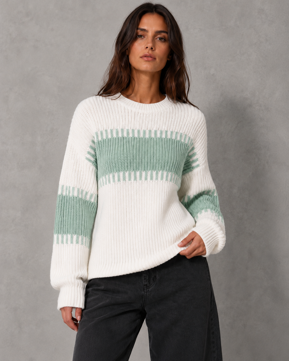 Women's Colour Block Knit Sweater - Crew Neck Long Sleeve Relaxed Fit