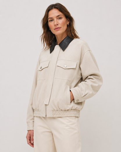 Women's Cropped Barn Jacket - Faux Suede Contrast Collar