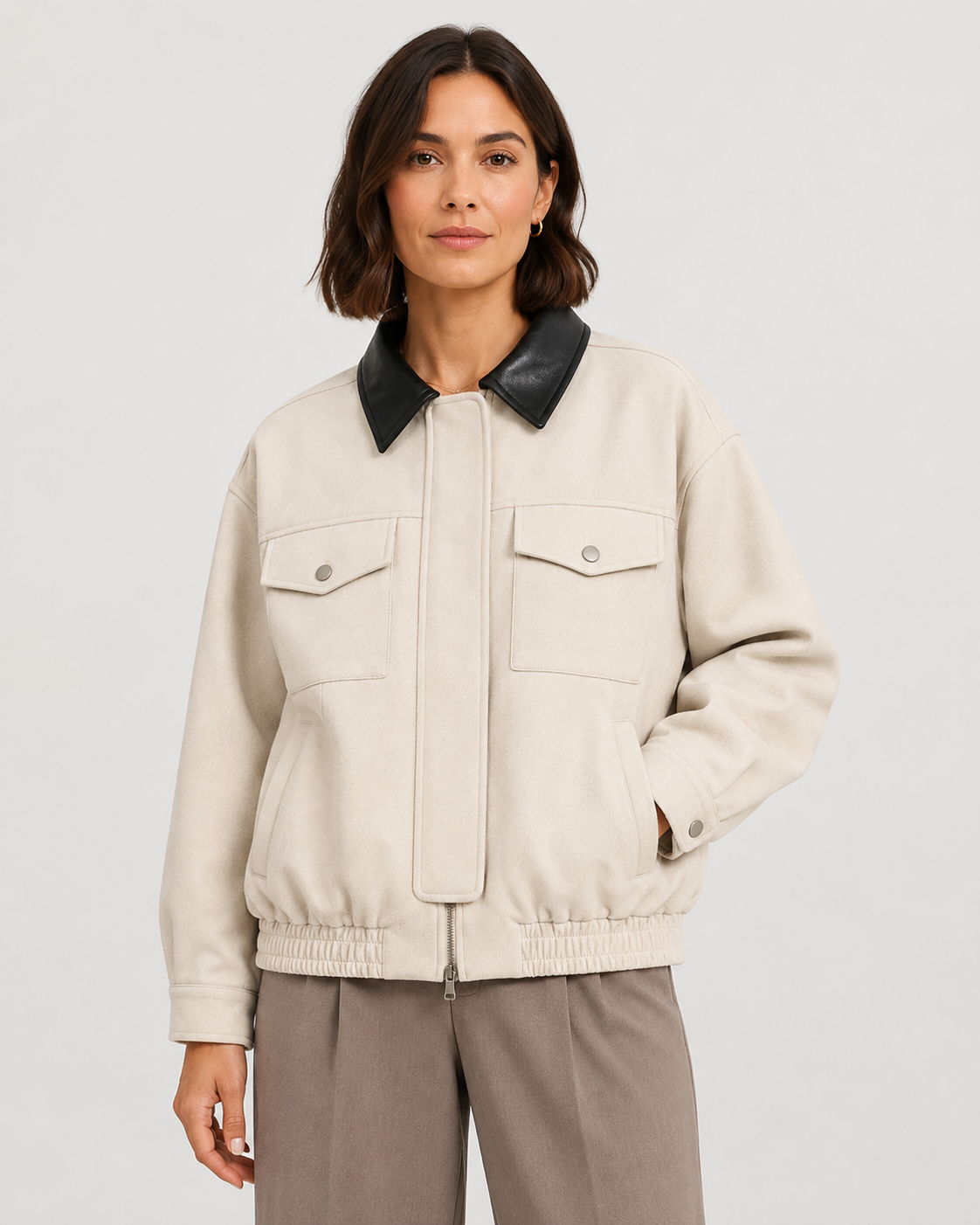 Women's Cropped Barn Jacket - Faux Suede Contrast Collar