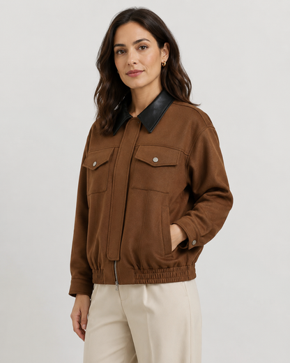 Women's Cropped Barn Jacket - Faux Suede Contrast Collar