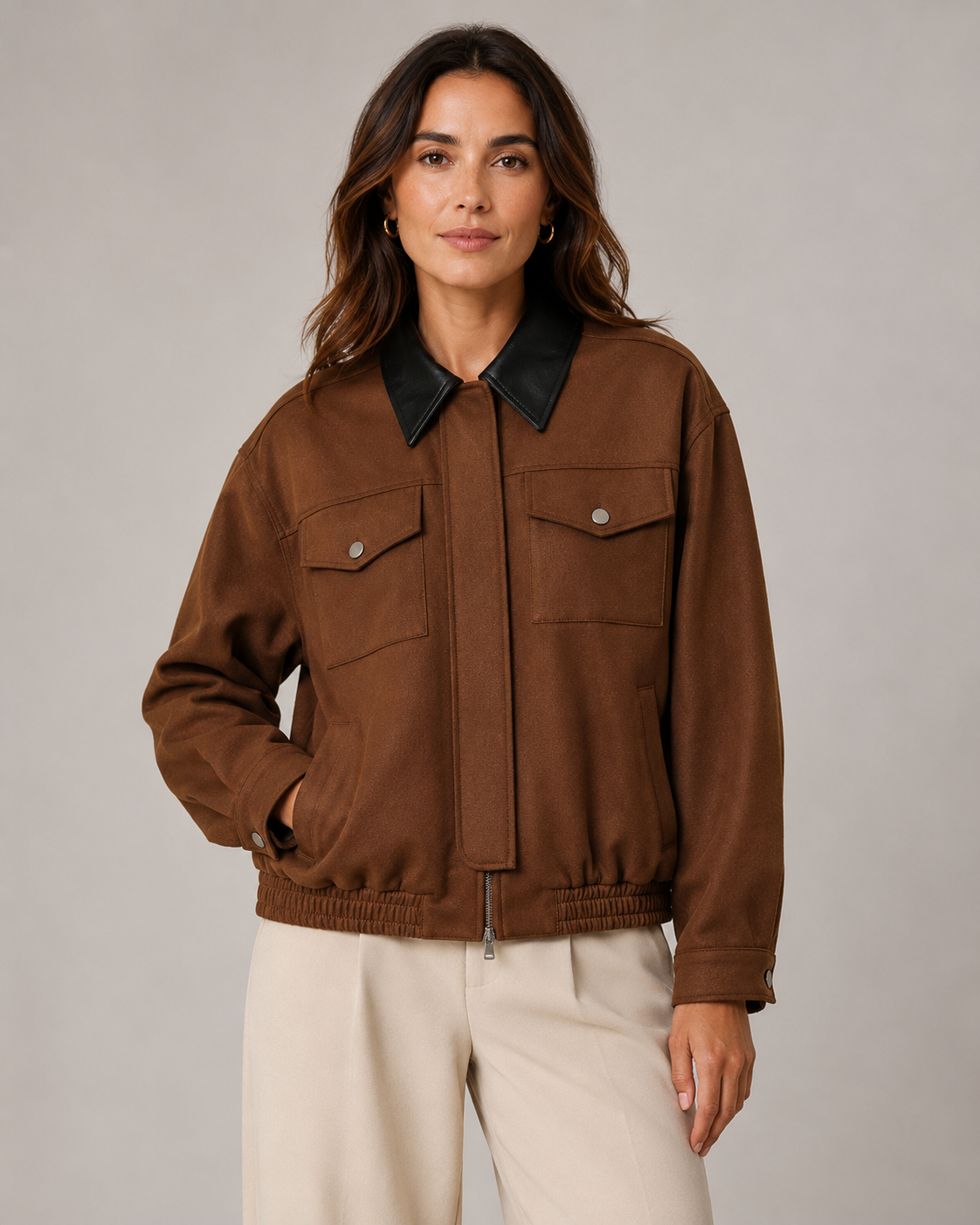 Women's Cropped Barn Jacket - Faux Suede Contrast Collar