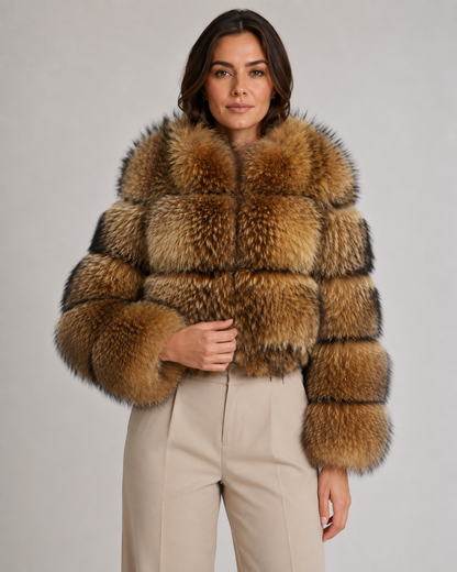 Women's Cropped Brown Fur Jacket with Oversized Collar
