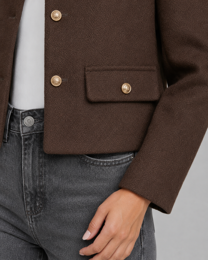 Women's Cropped Collarless Jacket with Gold Buttons