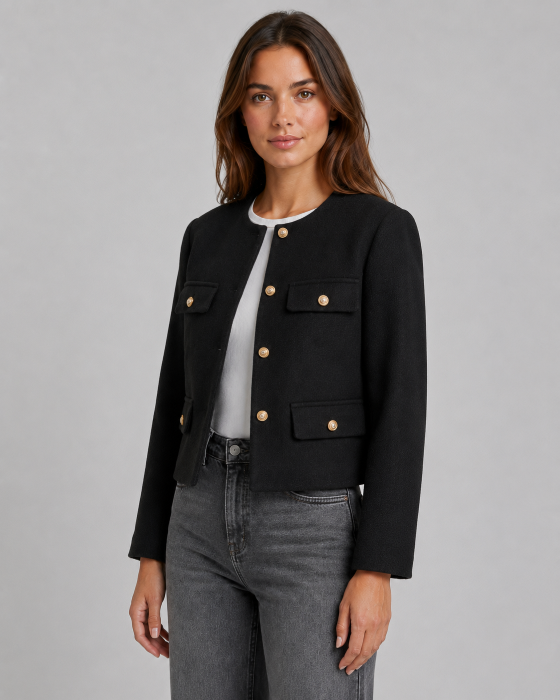 Women's Cropped Collarless Jacket with Gold Buttons