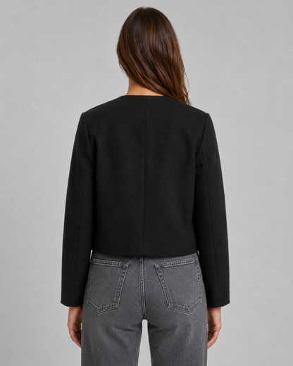 Women's Cropped Collarless Jacket with Gold Buttons