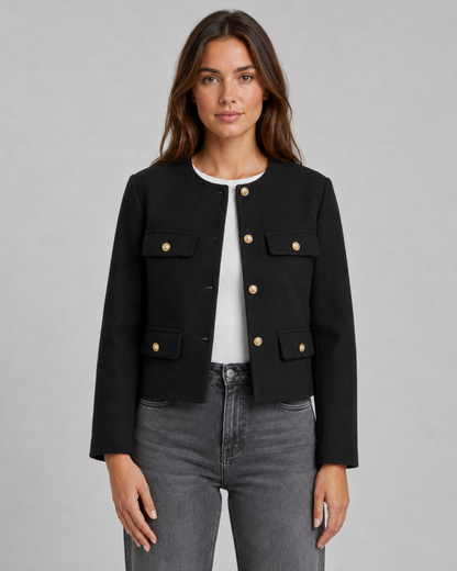 Women's Cropped Collarless Jacket with Gold Buttons