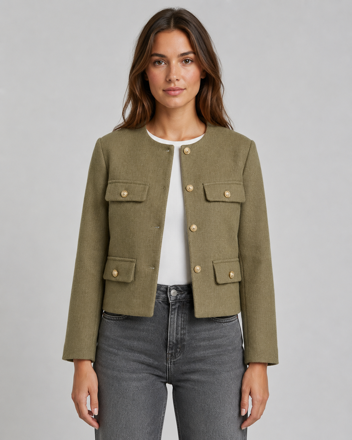 Women's Cropped Collarless Jacket with Gold Buttons