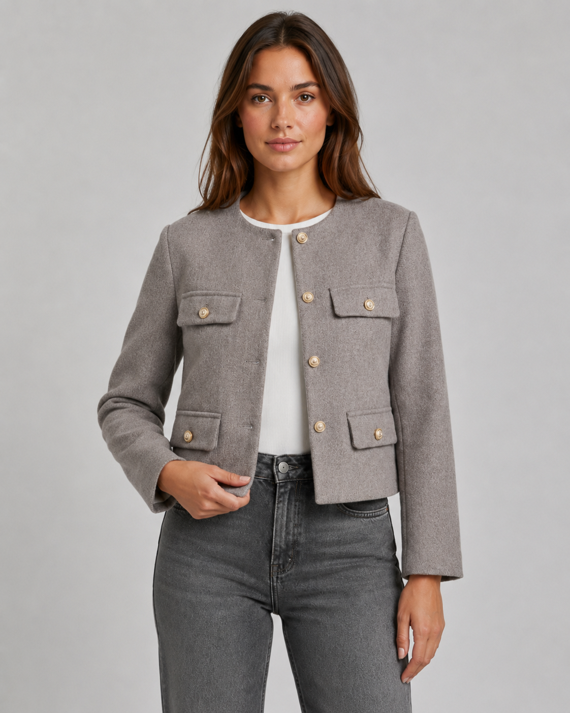 Women's Cropped Collarless Jacket with Gold Buttons