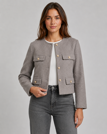 Women's Cropped Collarless Jacket with Gold Buttons