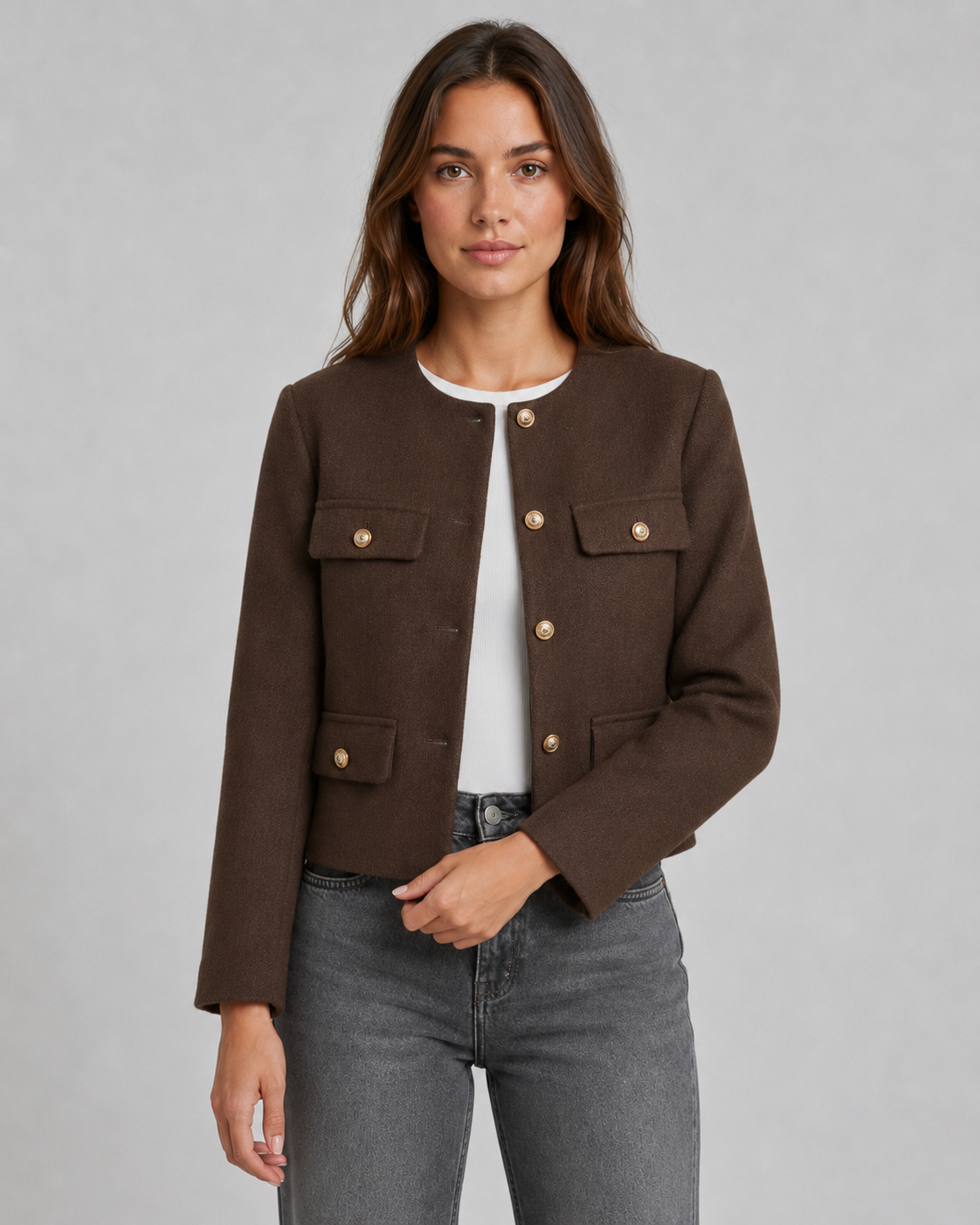 Women's Cropped Collarless Jacket with Gold Buttons