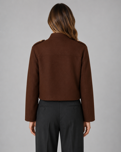 Women's Cropped Gold Button Jacket - Structured Stand Collar Fit