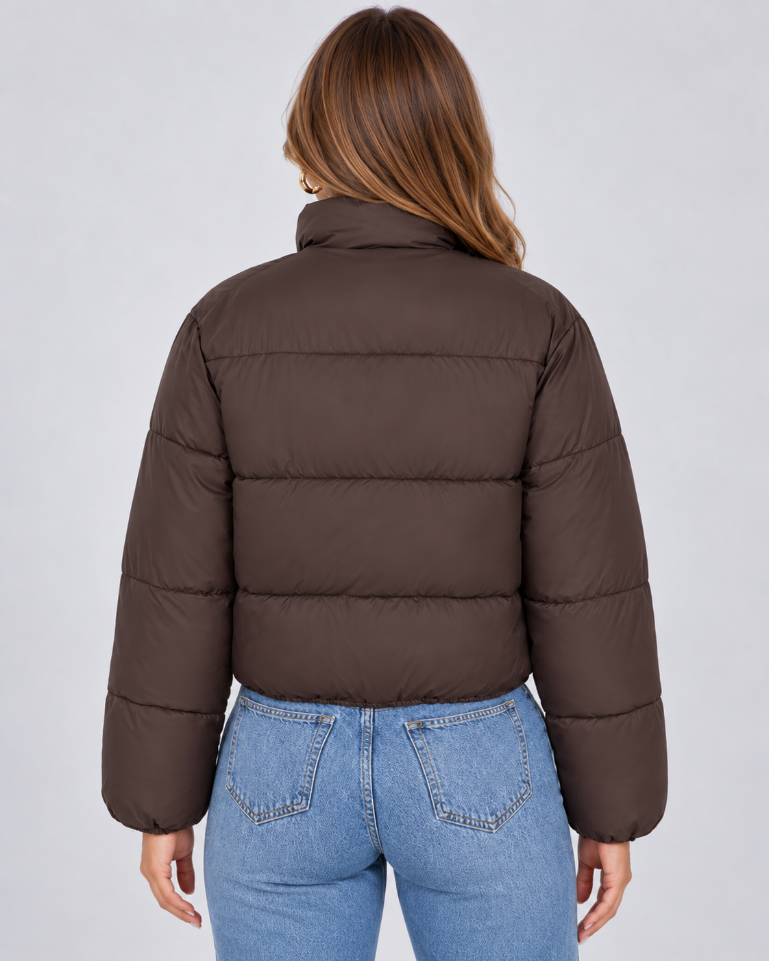 Women's Cropped Puffer Jacket – Quilted High Collar Zip Front