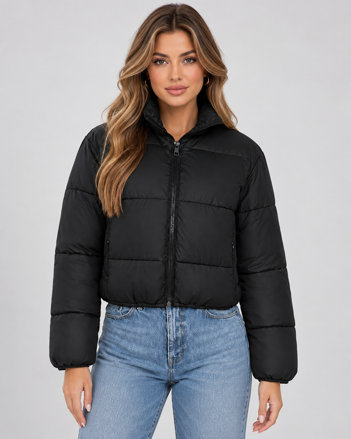 Women's Cropped Puffer Jacket – Quilted High Collar Zip Front