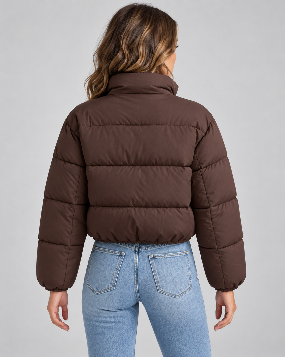 Women's Cropped Quilted Puffer Jacket - Funnel Neck Zip Front