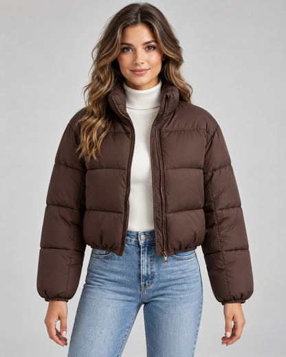Women's Cropped Quilted Puffer Jacket - Funnel Neck Zip Front