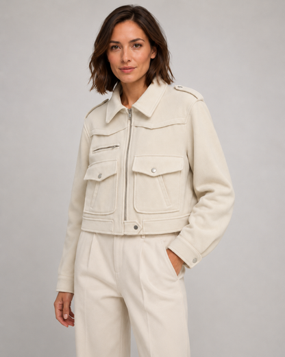 Women's Cropped Suede Jacket - Snap Flap Pockets
