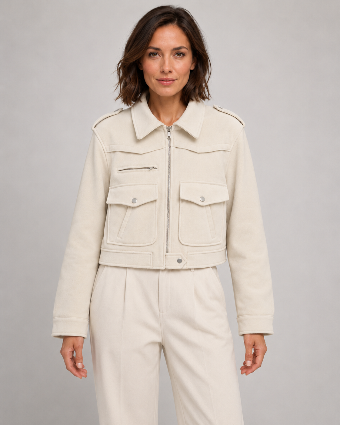 Women's Cropped Suede Jacket - Snap Flap Pockets