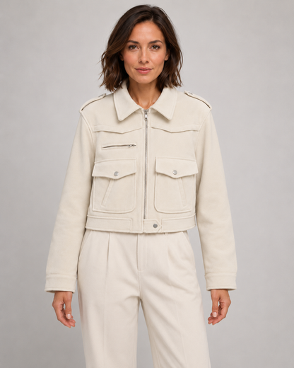 Women's Cropped Suede Jacket - Snap Flap Pockets