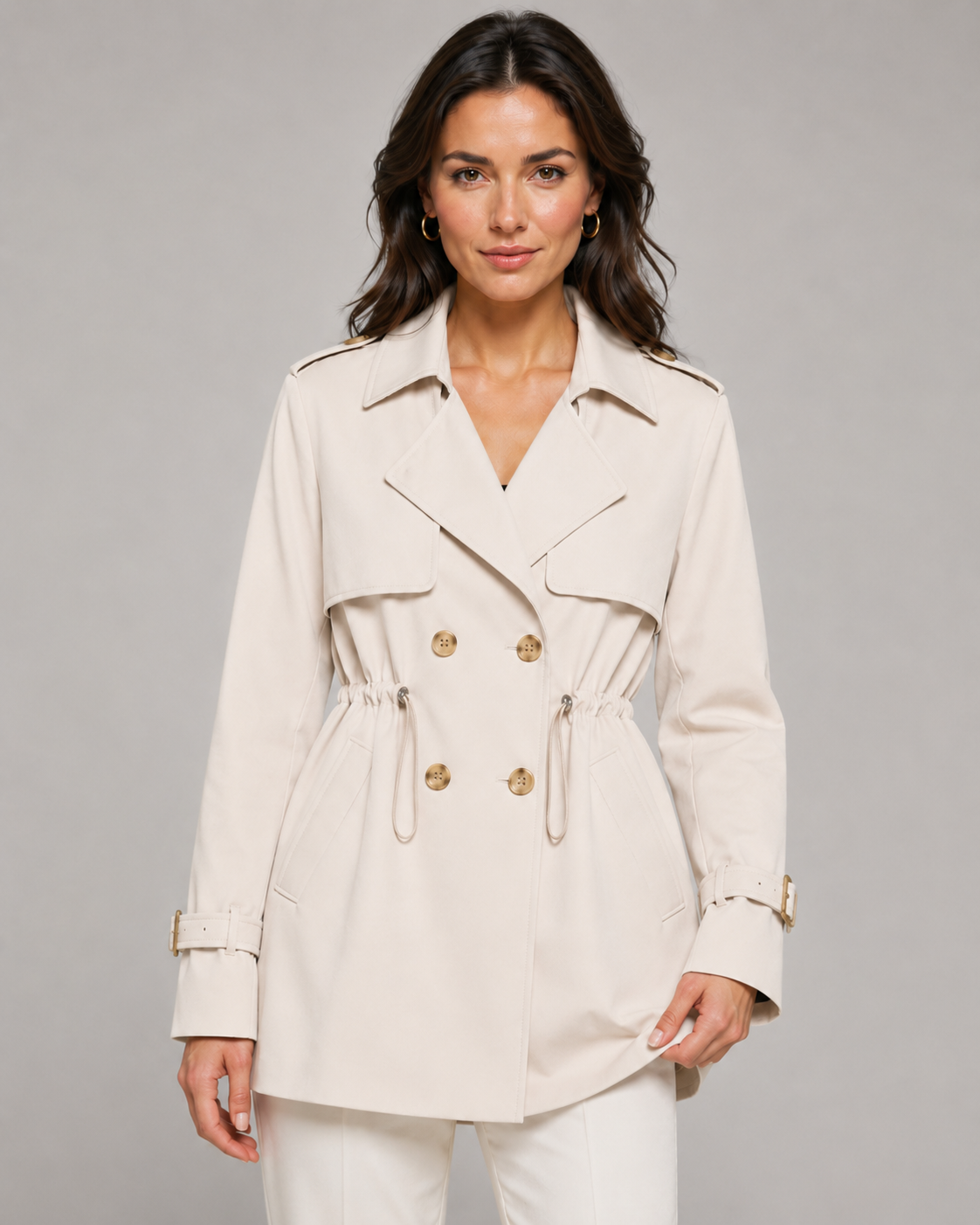 Women's Short Trench Coat Double-Breasted Drawstring Waist
