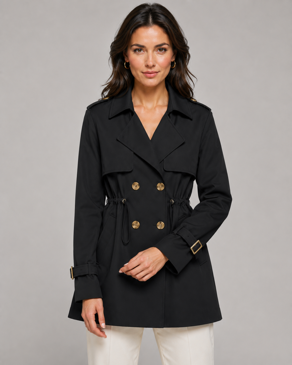 Women's Short Trench Coat Double-Breasted Drawstring Waist