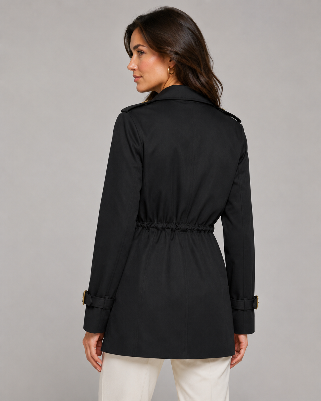 Women's Short Trench Coat Double-Breasted Drawstring Waist
