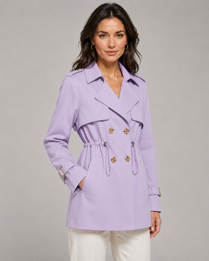 Women's Short Trench Coat Double-Breasted Drawstring Waist