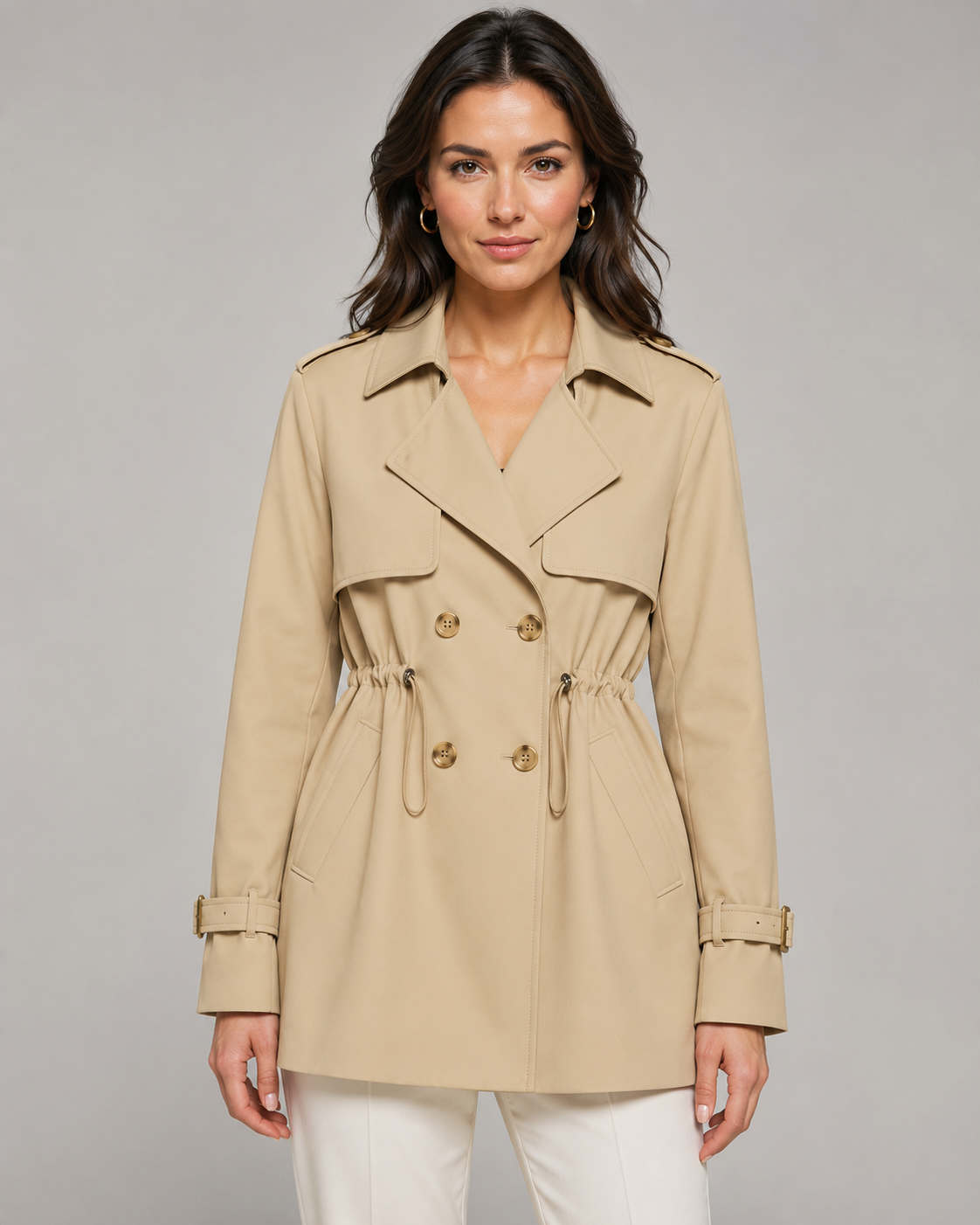 Women's Short Trench Coat Double-Breasted Drawstring Waist
