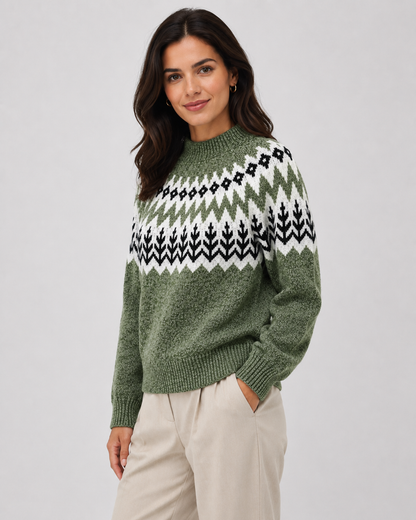 Women's Fair Isle Knit Sweater - Ribbed Mock Neck Relaxed Fit