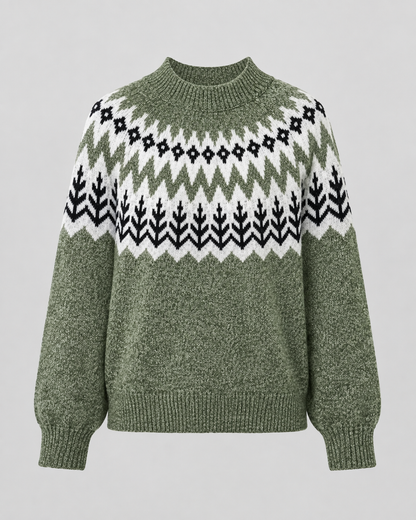 Women's Fair Isle Knit Sweater - Ribbed Mock Neck Relaxed Fit