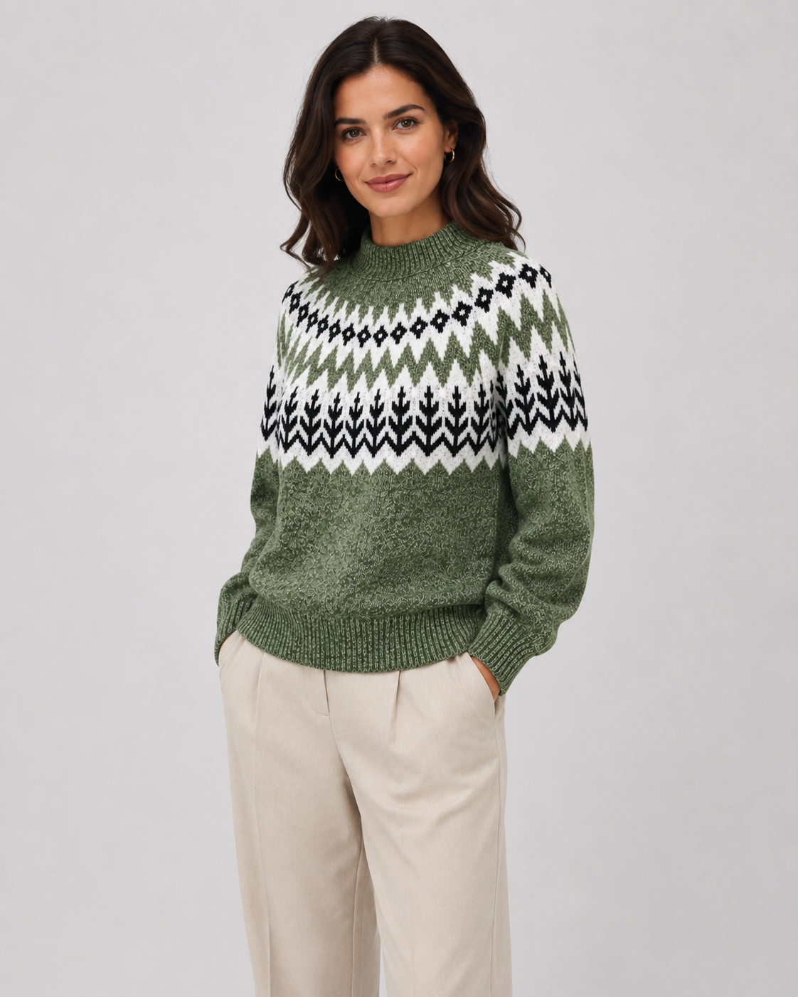 Women's Fair Isle Knit Sweater - Ribbed Mock Neck Relaxed Fit